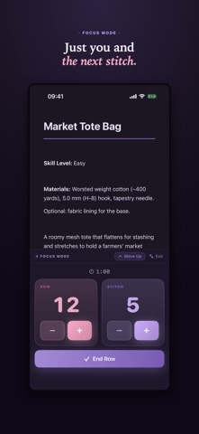 Looplet Focus Mode with just the stitch and row counters on a dark background